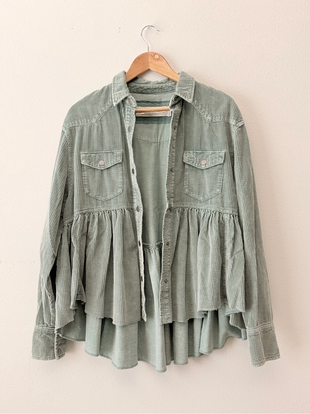 Free People Light Sage Corduroy Peplum Button-Up Shirt